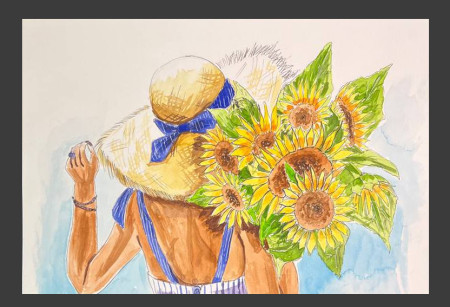 Chica con un ramo de girasoles